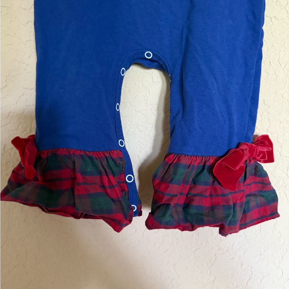 Ricrac & Ruffles Blue Christmas Holiday Baby Romper with Ruffle Trim - Picture 6 of 11
